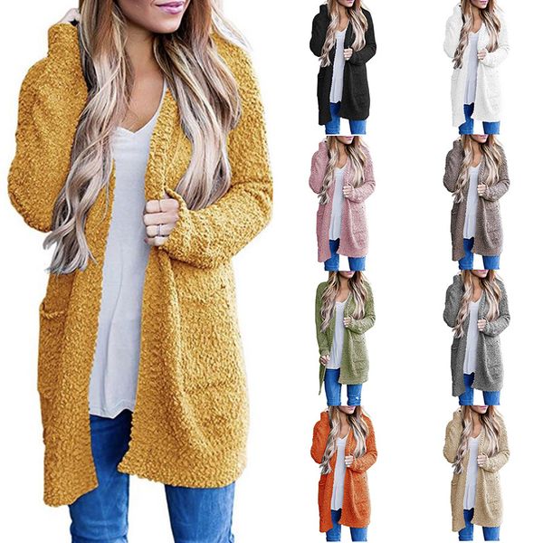

2020 new style for autumn and winter foreign trade knitwear european and american popular solid color particle velvet double pocket cardigan, White