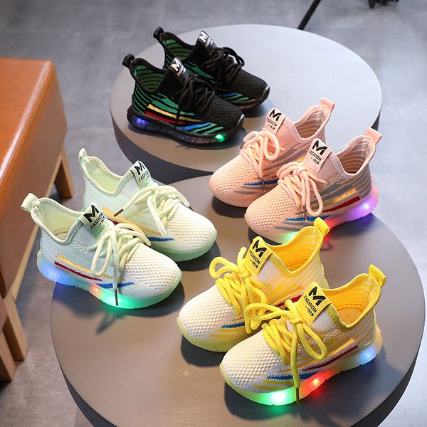 

детские осень woven дышащий спортивная обувь мальчики девочки мода мягкие bottom нескользящие светящиеся up led обувь детские малыш d06282, Black