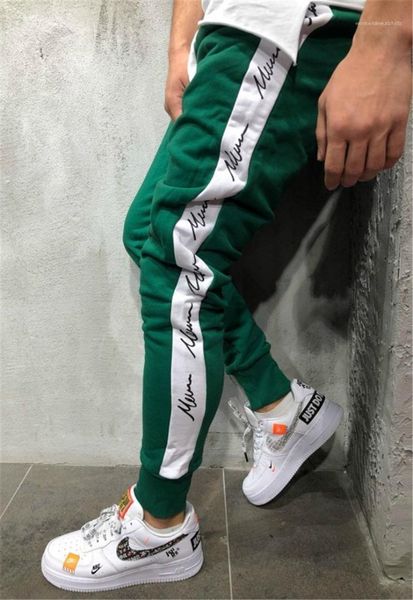 

letters print slim men pencil pants hiphop patchwork color male long jogger trousers designer mens sweatpants, Black