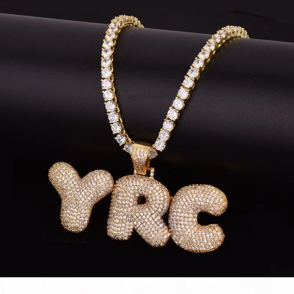 

custom name men's bubble letters pendants necklaces hip hop jewelry ice out cubic zircon gold silver 5mm tennis chain 20
