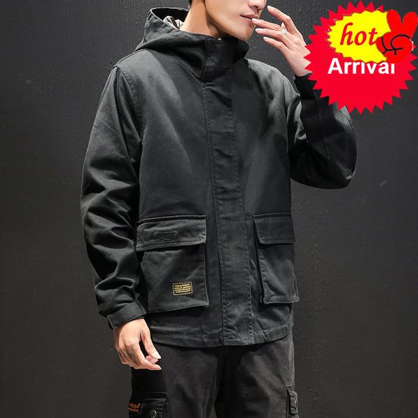 

high mens jacket street men khaki jacket fashion cotton windbreaker coat male hood hip hop streetwear coats & jackets m-5xl, Black;brown