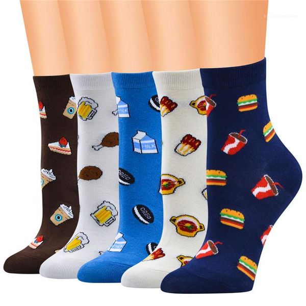 

ladies socks female clothing hamburger milk printed womens socks casual ankle length colorful, Black;white