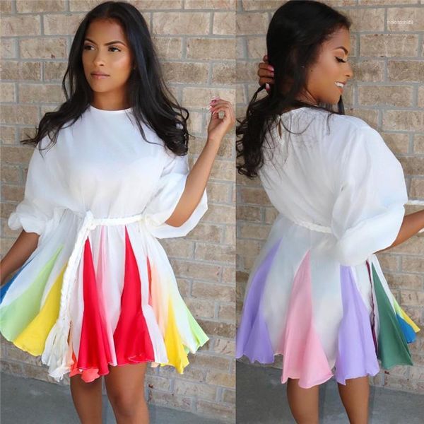 

female clothing dropshipping womens designer dresses long sleeve multi color panelled rainbow gradient color dress fashion casual, Black;gray