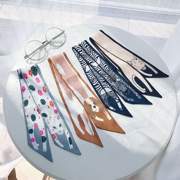

spring and autumn new twill mid-length animal print small silk scarf wild bag ribbon female small scarf, Blue;gray