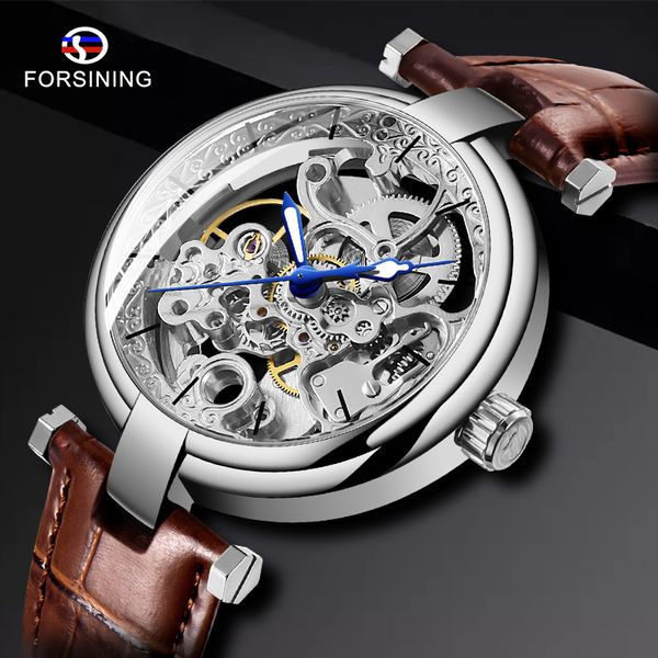 

forsining mens watches auto mechanical hollow dial carved deisgn brown leather strap fashion dress wristwatches, Slivery;brown