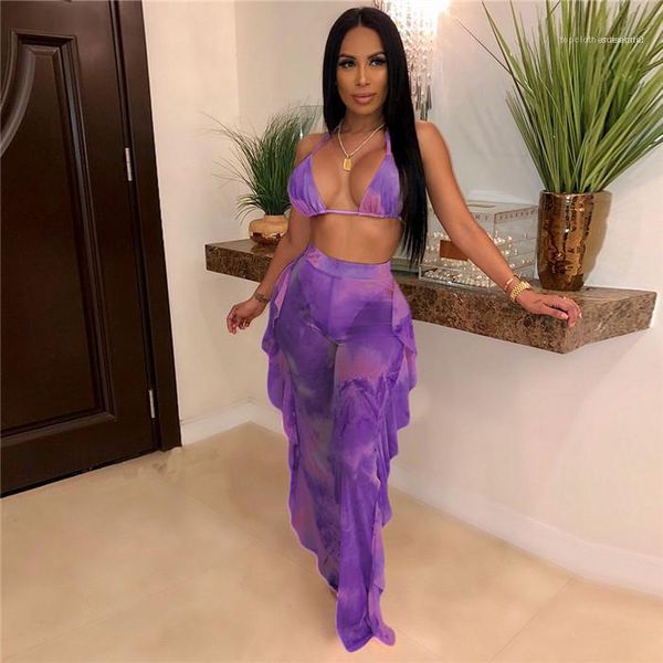 

2pcs tie dye swimwear suits women slim long pant bathing sets women ruffle hollow out bikinis woman summer sexy, White;black