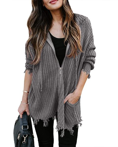

women hole irregular sweater cardigan tassel long sleeve solid color zipper sweater famale casual hooded sweater, White;black