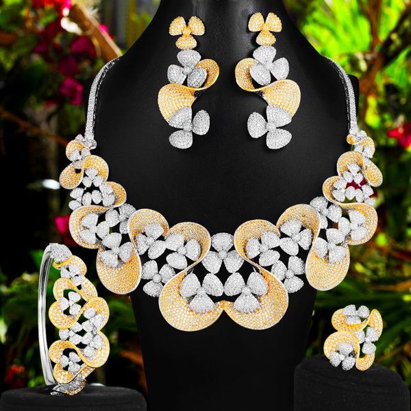 

earrings & necklace godki luxury wheel flower 4pcs statement jewelry sets dubai for women cubic zircon wedding bridal set, Silver