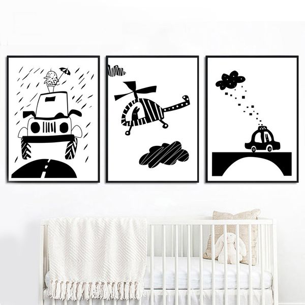 

black white cloud car airplane nordic posters and prints wall art canvas painting cartoon wall pictures for kids room home decor