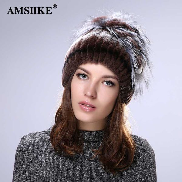 

amsiike women hat 2020 natural rex fur winter women's cap with silver fur fashion casual knitted beanies hat tm712, Blue;gray