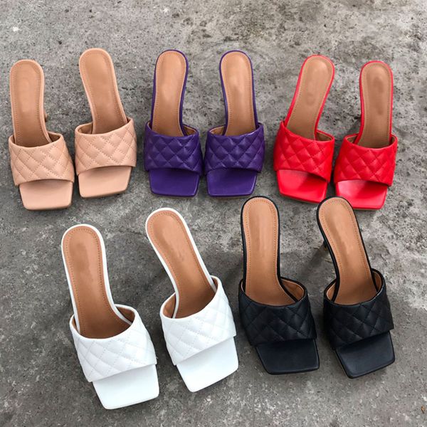

women pu leather high heels sandals slipper square toe mule heels slippers summer flip flops outdoor beach slippers slides, Black