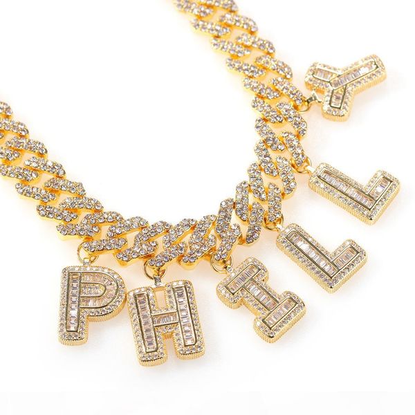 

custom name baguette letters with link miami cuban link chain pendant necklace full bling punk bling bling hiphop jewelry, Silver