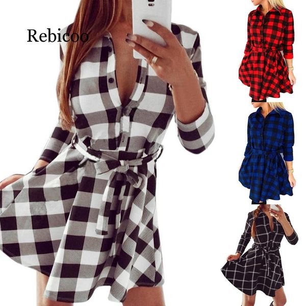 

2020 ladies casual plaid shirt high waist charming slim dress long sleeve mini dress, Black;gray