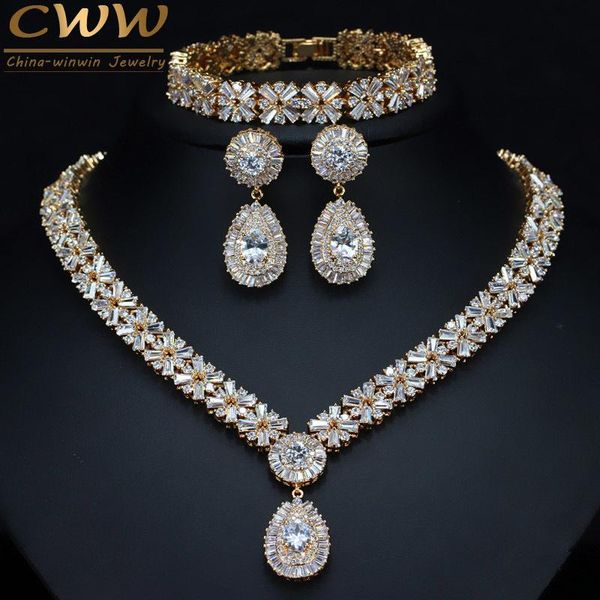 

cwwzircons exclusive dubai gold color jewellery luxury cubic zirconia necklace earring bracelet party jewelry set for women t053 c19010301