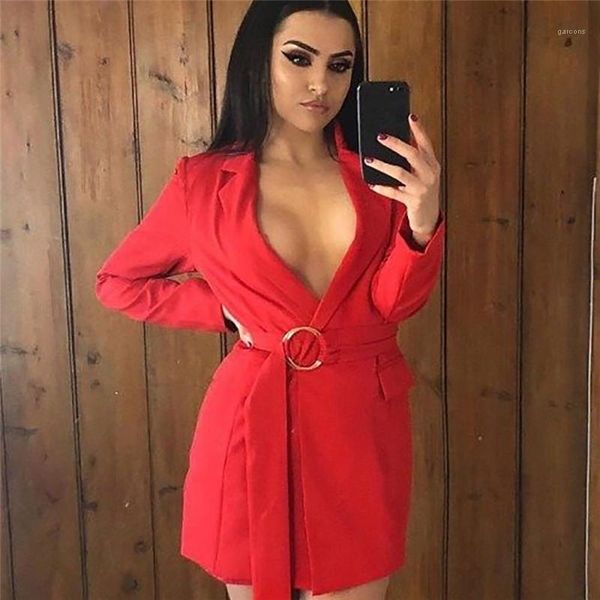 

solid color deep v neck ring belt slim coat women coats autumn women designer suit coat fashion, Black;brown