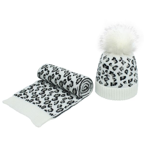 

women winter vintage leopard knitted pompom cuff beanie hat and scarf shawl set x7xc, Blue;gray