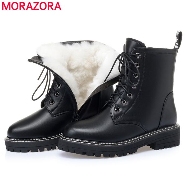

morazora plus size 35-43 genuine leather snow boots women zip nature wool warm winter boots female lace up fashion ankle, Black
