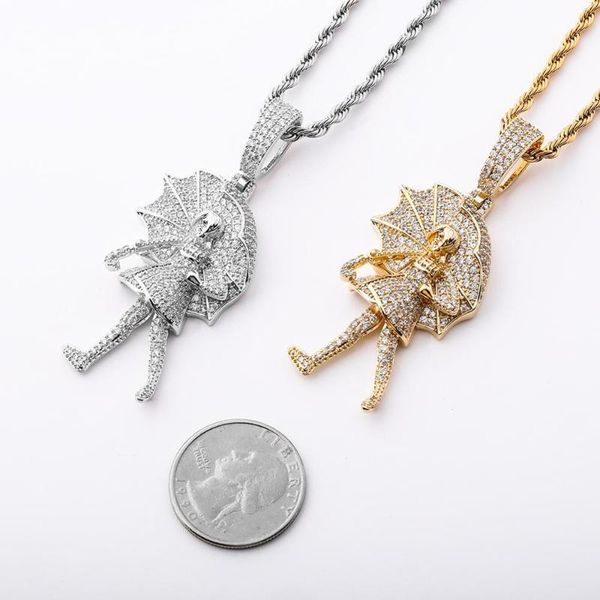 

iced umbrella child pendant necklace iced cubic zirconia pendant necklace hip hop fashion charm jewelry gift for men women, Silver