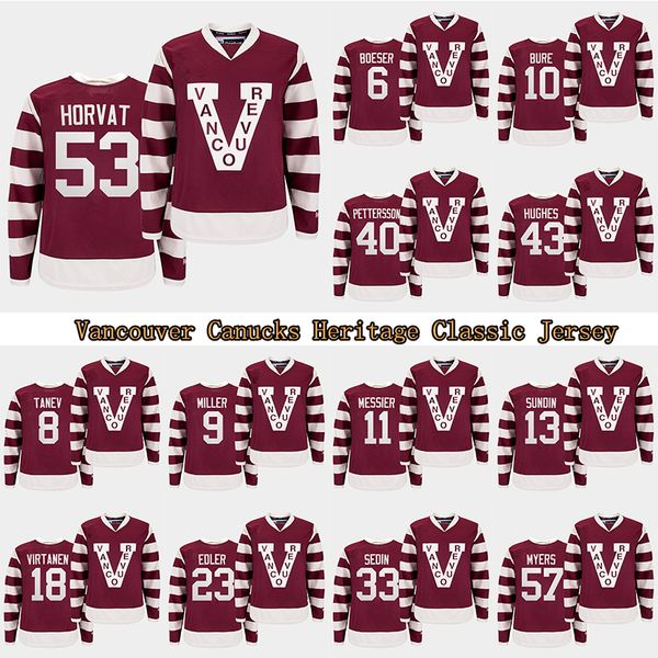 

custom vancouver canucks heritage classic burgundy millionaires jersey 53 bo horvat 43 quinn hughes 9 j.t. miller 57 tyler myers, Black;red