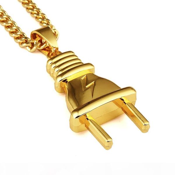 

new personalized fashion design hip hop jewelry men plug pendant necklaces 18k gold plated link chains punk rock micro men long 75cm chain, Silver
