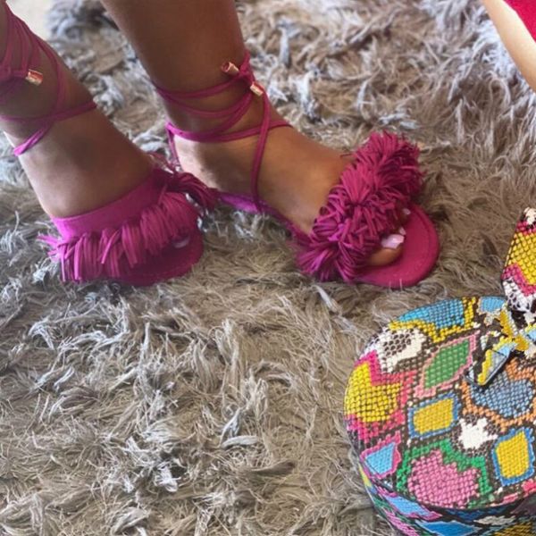 

fashion fringe back strap female sandals 2020 new style square head ankle strap colorful woman summer shoes zapatos de mujer, Black