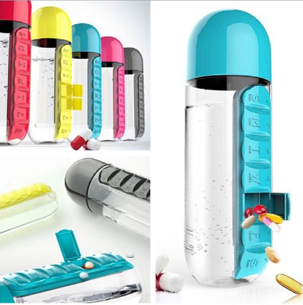 

600ml sports plastic water bottle daily pill boxes organizer medicine storage case drinking bottles leak-proof bottle tumbler outdoor