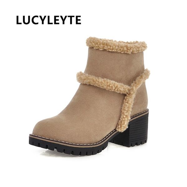 

british fashion thick mid-heel thick hairy short boots frosted round toe bottom autumn and winter women's boots, Black