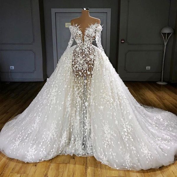 

luxury illusion overskirts wedding dresses full sleeves see through pearls appliques bridal gowns sheer neck vestido de novia, White