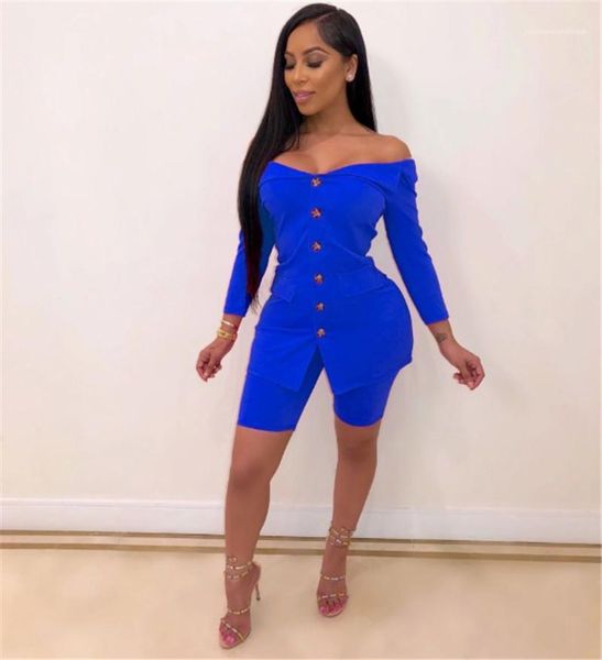 

long sleeve shorts solid color with button women clothing fashion slash neck two piece set women designer sexy, Gray