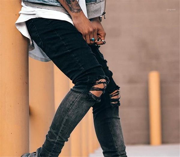 

ripped skinny zipper pencil pants casual hiphop mens joggers black color mens designer jeans fashion, Blue