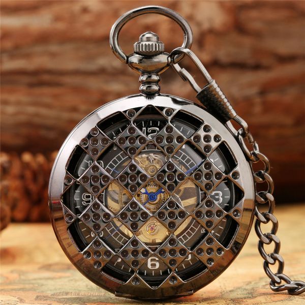 

vintage retro pocket watch hand-winding mechanical skeleton watches hollow out rhomboid case fob pendant chain reloj de bolsillo, Slivery;golden