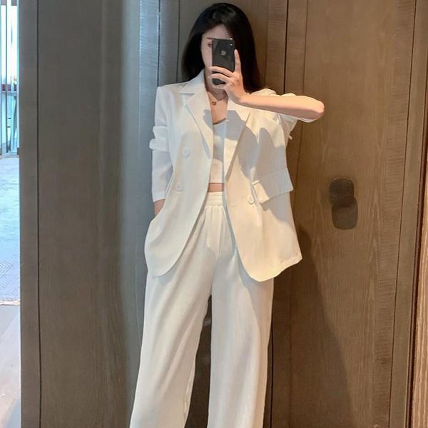 

two piece set autumn new thin blazer + straight tube pendant wide leg pants fashion suit women's clothing women suit korea sets, White