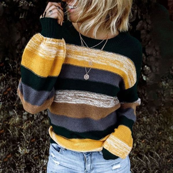 

autumn casual striped patchwork sweaters 2020 elegant women o-neck knitted sweater winter lady long sleeve pullovers jumper, White;black