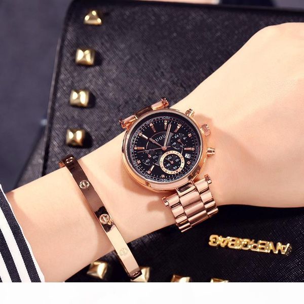 

женщины часы элегантный brand guou известный luxury gold водонепроницаемый кварцевые часы дамы малый календарь секунд сталь наручные часы c1, Slivery;brown