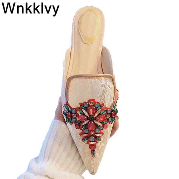 

pointed toe flipflops lazy mulles crystal flower decor 2020 shoes embroidery lace flat heel jewellery slippers outdoor loafers, Black