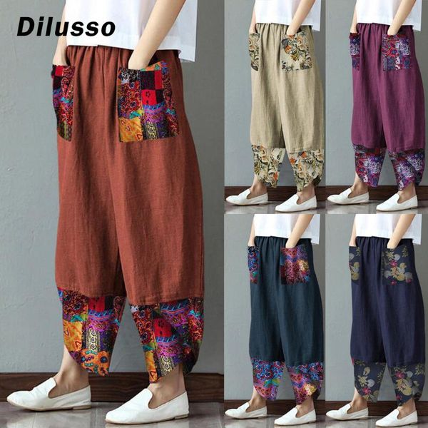 

women's pants & capris vintage printed harem women trousers casual elastic waist cotton linen wide leg loose summer plus size pant#d3, Black;white
