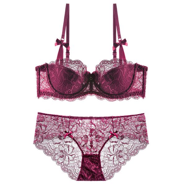 

embroidery bras underwear plus size women set lingerie push up c d half cup ultrathin transparent bra panties lace bra set, Red;black