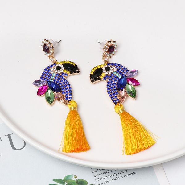 

stud fashion animal parrot earring women birds tassel rhinestone crystal colorful ladies cz funny earrings jewelry for girls, Golden;silver