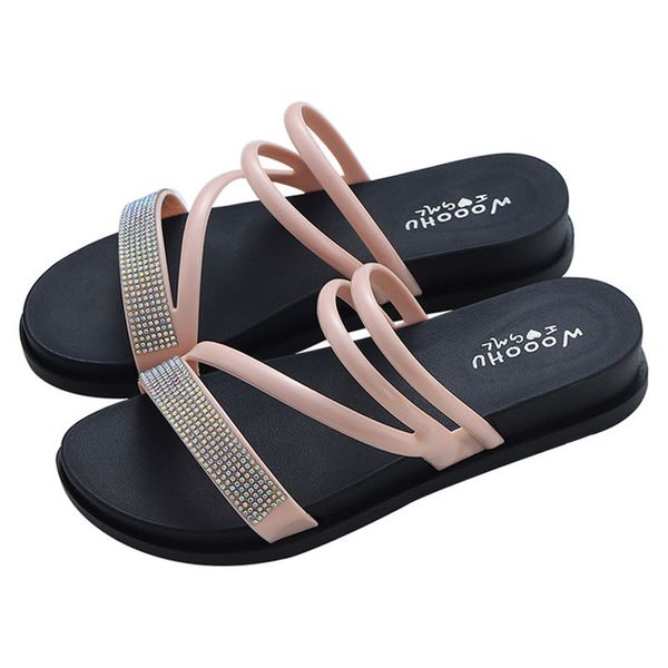 

summer new women outdoor sandals fashion rhinestone leisure slippers female flat diamond flip flops ladies casual slides, Black