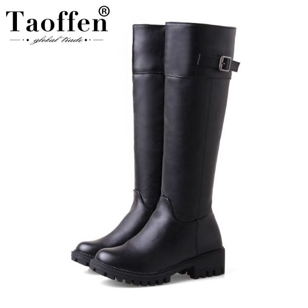 

taoffen women pu leather knight boots flats round toe black zipper knee high boots winter platform shoes woman size 34-43