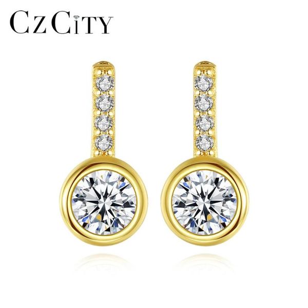 

stud czcity real 925 sterling silver earrings for women wedding engagement fine jewelry round cz brincos bijoux christmas gifts, Golden;silver