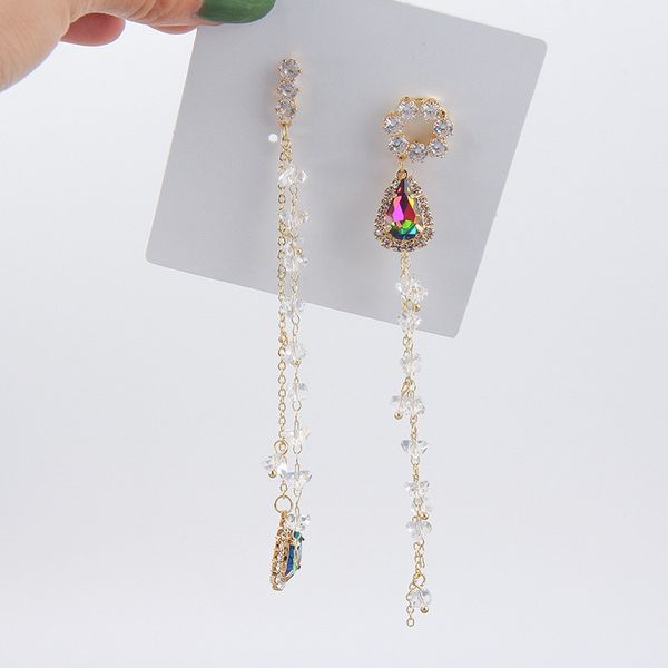

dominated new 2020 selling korean water drop delicate crystal long asymmetric metal tassel drop earrings women jewelry fashion, Silver