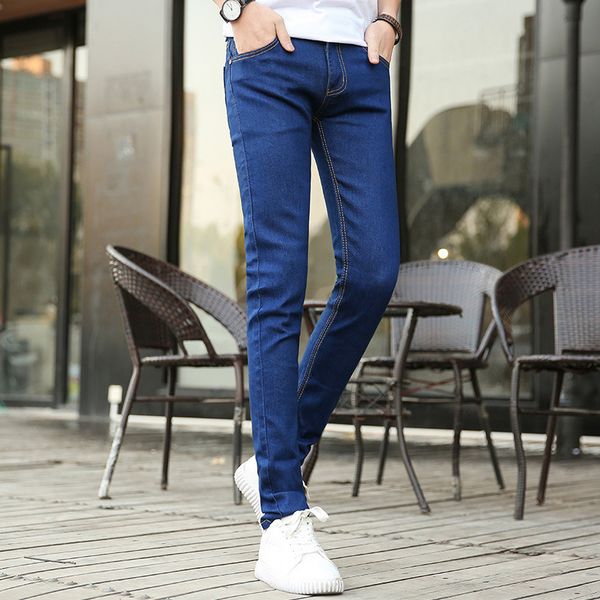 

man stretch jeans male bound feet pants teenagers elastic force trend denim pants men's brand fashion clothing joggers, Blue