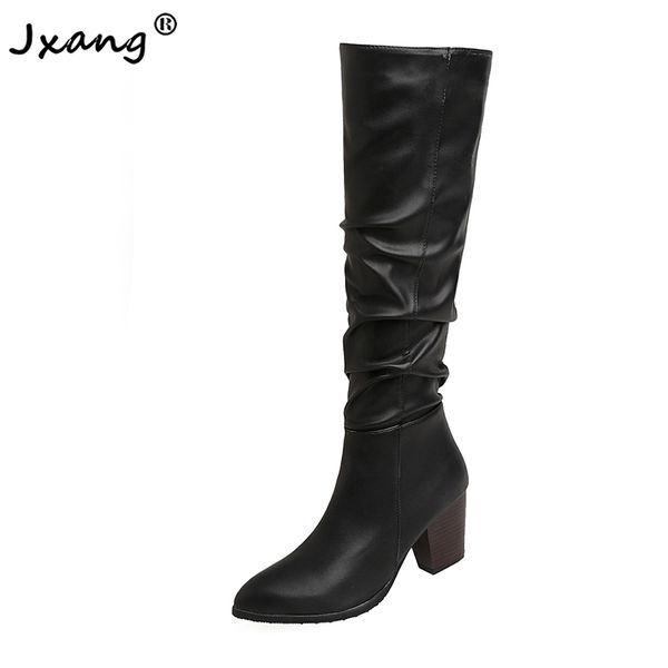 

jxang new fashion women boots spring winter knee high heels quality long comfort square botines mujer thigh high boots black