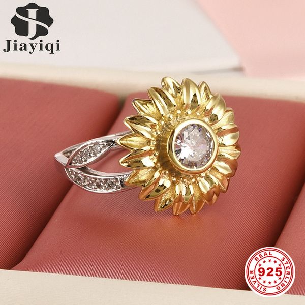 

jiayiqi genuine 925 sterling silver yellow sunflower cz unique shaped rings for women wedding anniversary 925 silver jewelry, Golden;silver