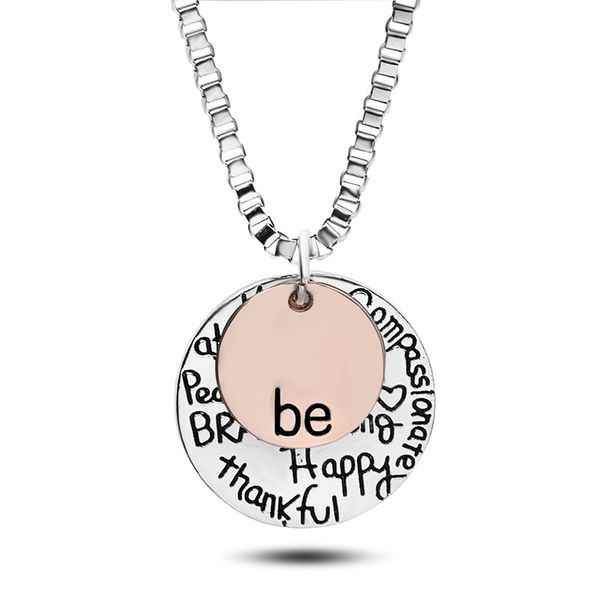

fashion rose gold plated pendant necklace hand stamped be happy necklace cute coin engraved necklace for women girl jewelry, Silver