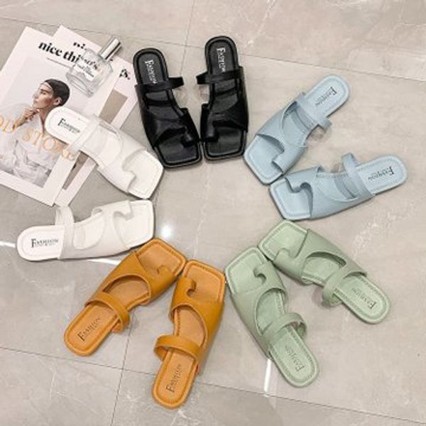 

sandals and slippers female wear 2020 summer new square head fairy flat bottom set toe wild comfortable word ladies slippers, Black