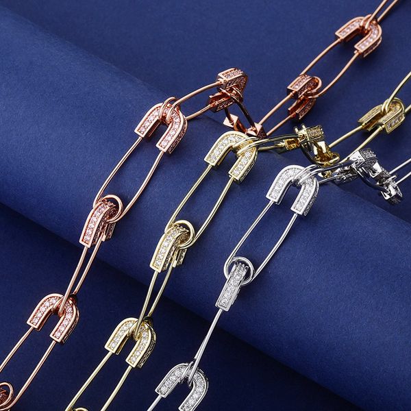 

wholesale custom fashion cz safety pin link chain choker necklaces for rapper women and men, Silver