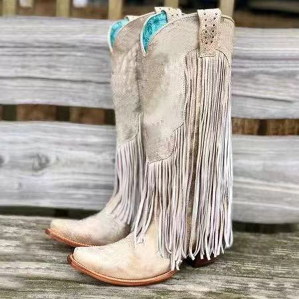 

new retro women boots winter square heel fringe mid calf boots fashion pu warm long bota feminina zapatos de mujer, Black