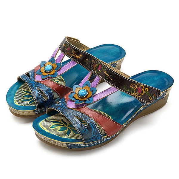 

litthing vintage bohemian women slippers low heel printed genuine leather shoes slides beach slippers ladies shoes, Black